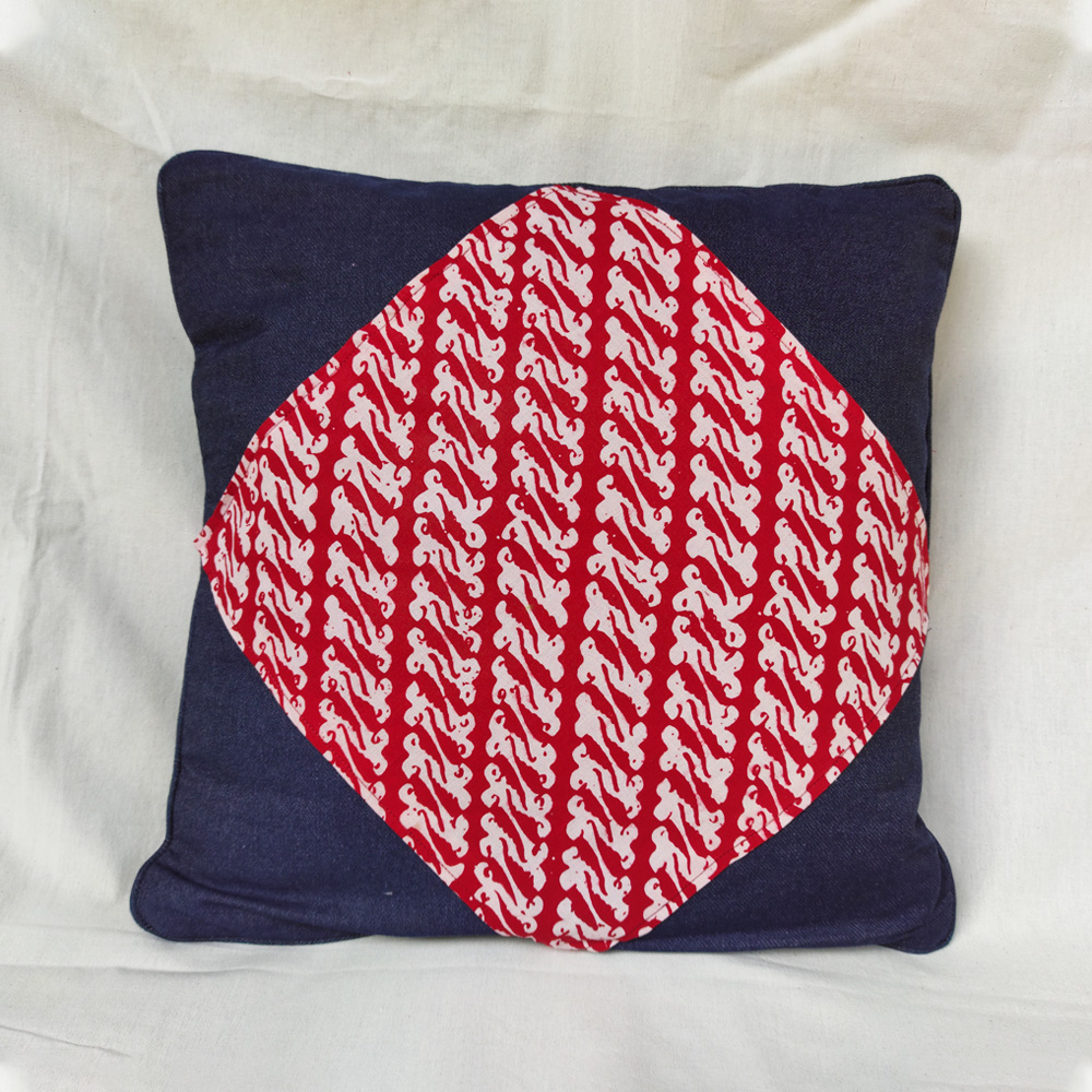 Red Batik with Denim Tip Cushion Cover